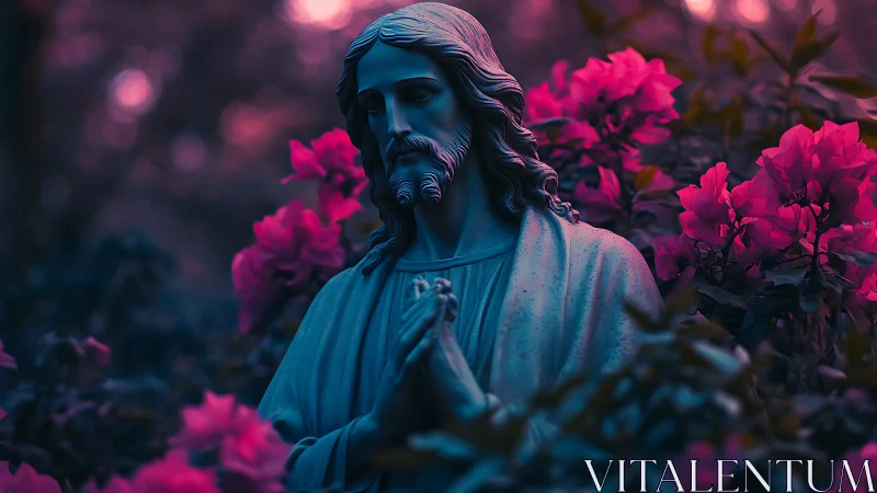 Statue in prayer posture framed by magenta foliage under moody bokeh