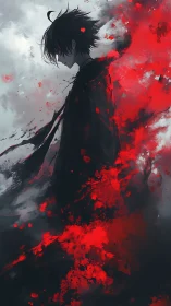 Solitary dark figure in crimson abstract energy surge.