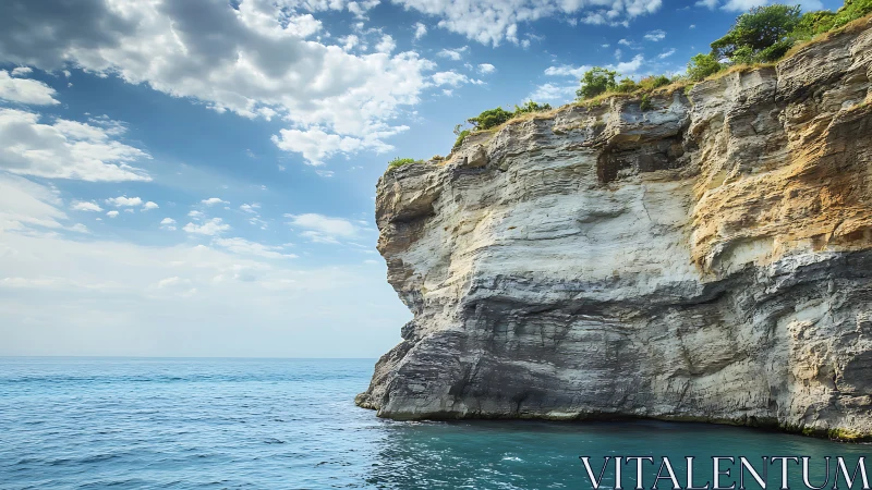 Coastal rock cliff face above calm open sea under sky.