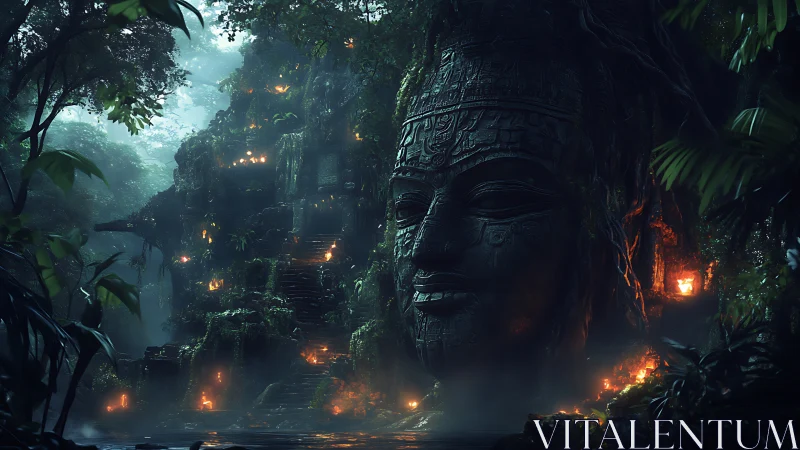 Ancient jungle temple engulfs colossal stone deity face.