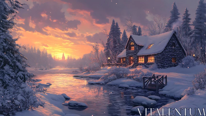 Snowy riverside cottage glows under a pastel winter sunset.