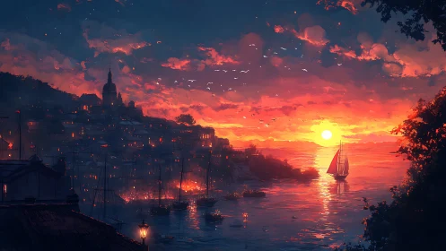 Harbor settlement is illuminated against dense sunset sky