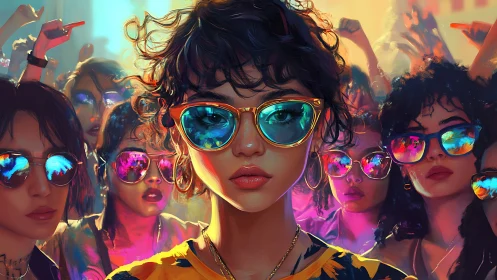 Central figure with sunglasses amid dense urban crowd scene.