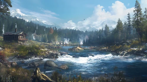 Mountain river cabin under clear sky with misted forest.