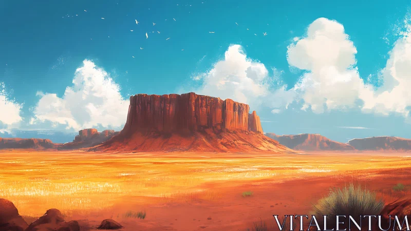 Sunlit desert mesa rises under expansive cyan sky