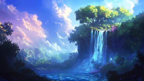 Sky-kissed cliff garden spilling a luminous sapphire waterfall.
