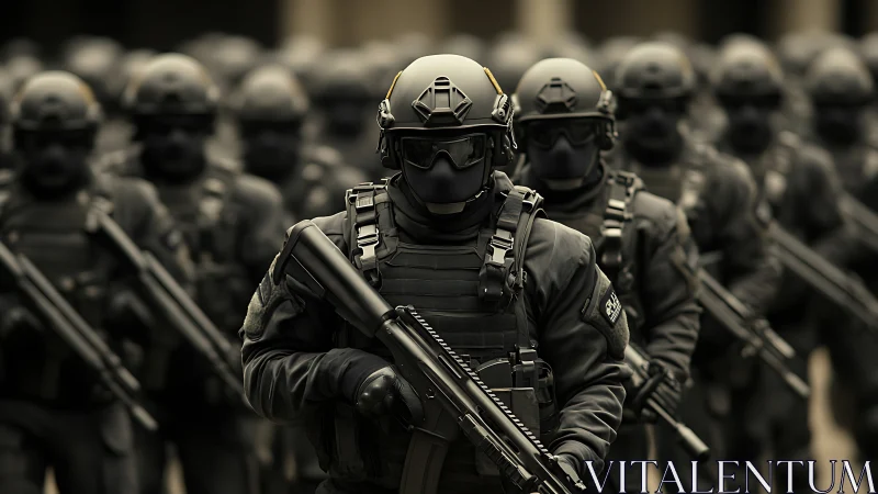 March of the masked vanguard in ironclad urban silence.