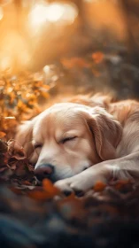 Golden retriever naps softly in warm autumn forest glow