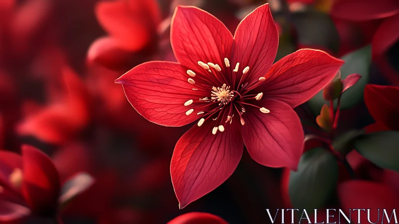 Red hellebore flower with prominent stamens in sharp focus