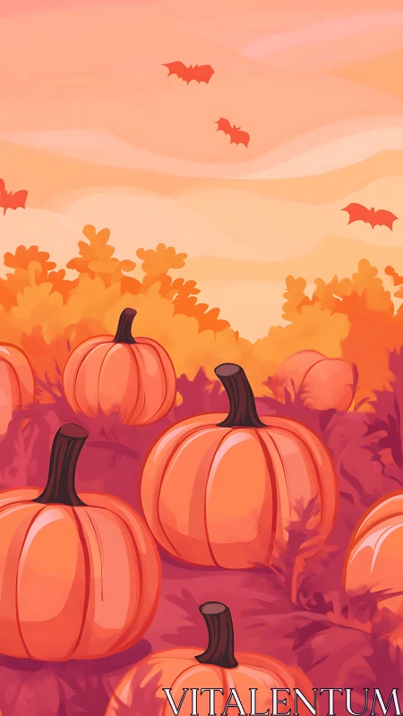 Autumn pumpkin field under pastel sunset sky with bats.