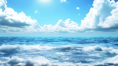 Sunlit ocean horizon under bright blue sky and clouds.