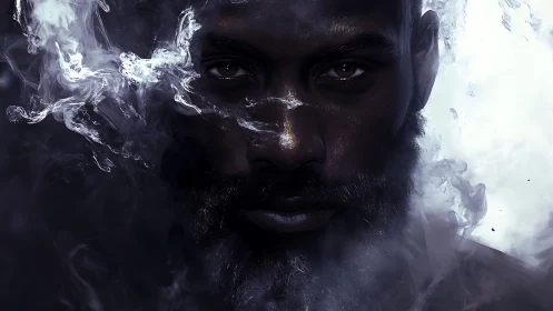 Low-key smoky portrait with intense frontal gaze and mist halos.