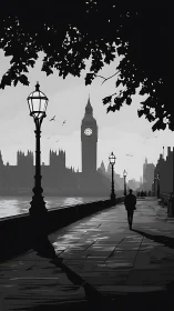 Monochrome riverside walkway frames clock tower skyline