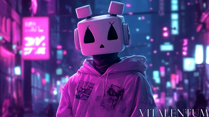 Neon midnight crowns a box-headed drifter in pixel fog