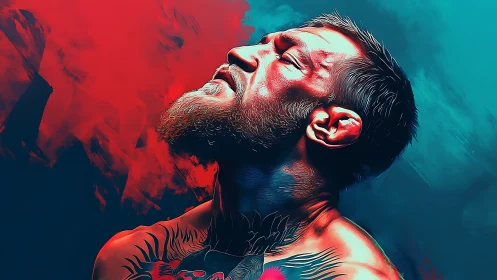 Tattooed warrior exhaling courage in neon stormlight.