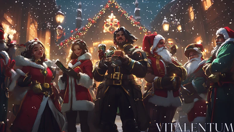 Snowlit hero squad leads a festive Christmas street revelry.
