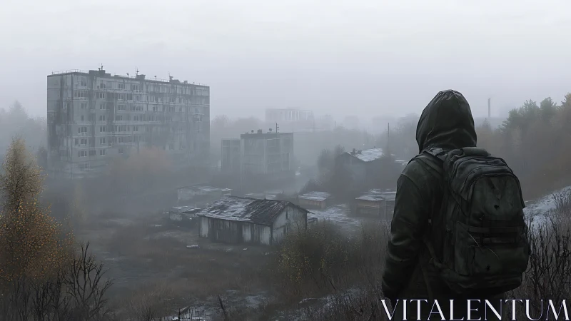 Hooded observer surveying fog-drenched posturban decay zone.