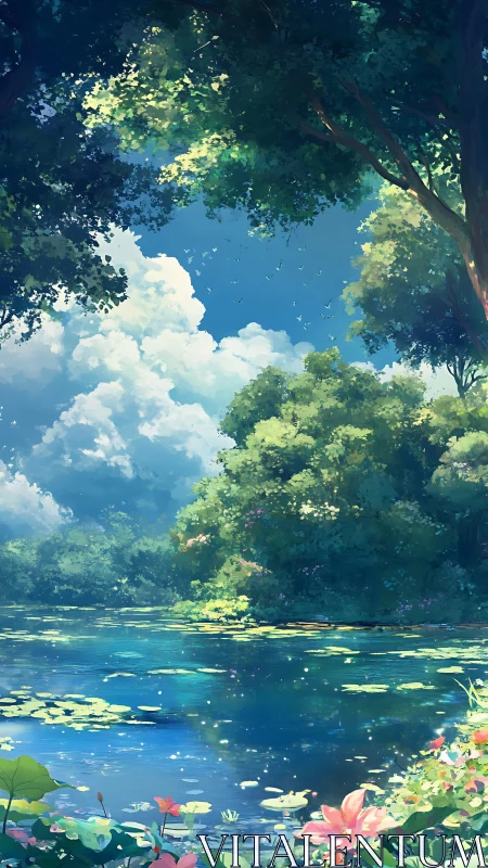 Lush forest pond reflects bright sky and dense summer foliage