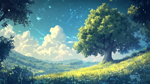 Starlit hilltop oak dreaming beneath cotton-sky clouds.