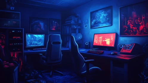Dual-monitor gaming battlestation glows in neon blues