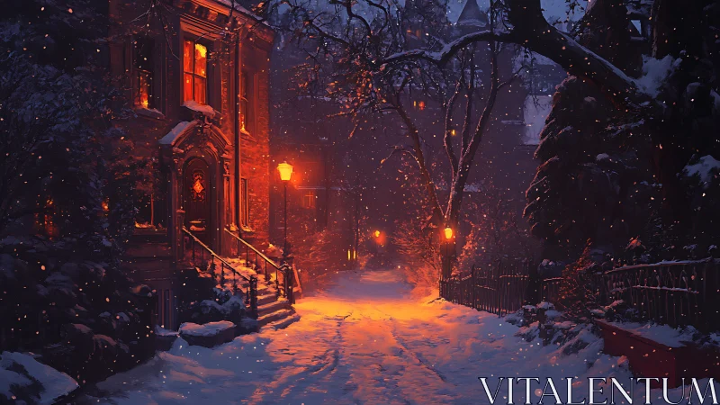 Snowy lamplit street glows with warm winter evening magic
