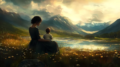 Mother and child beside golden lake in alpine sunset.