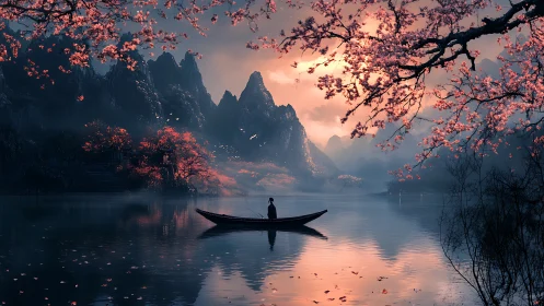 Rowboat under cherry branches on reflective mountain lake.