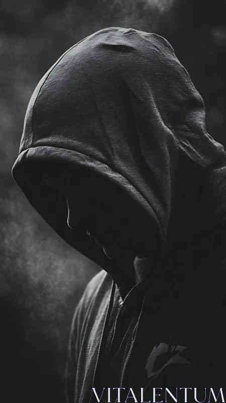 Hooded silhouette in low key lighting isolates anonymous figure