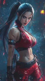 Battle-hardened cyber mercenary in red tactical armor stance.