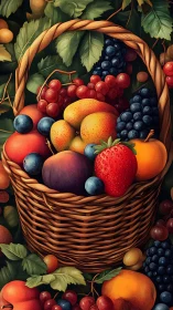 Wicker basket filled with colorful assorted ripe fruits.