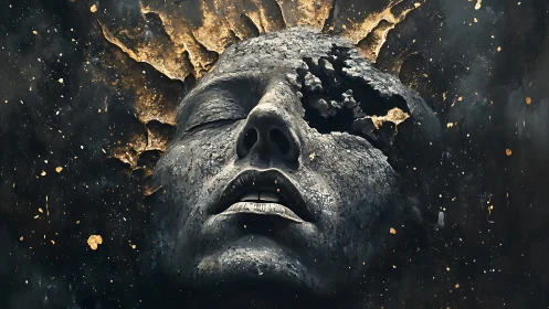 Cracked stone face drifting through a soft cosmic glow.
