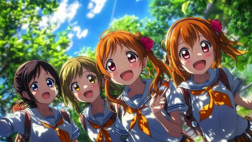 Anime schoolgirls in summer forest with bright sunlight.