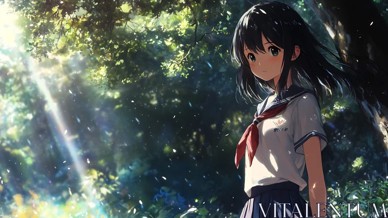 Quiet afternoon pause with a schoolgirl in gentle forest light.