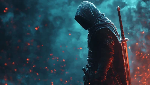 Hooded warrior stands amid embers in glowing blue haze.