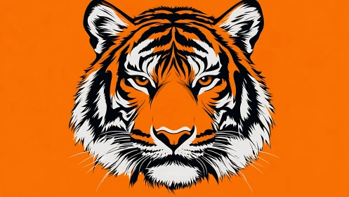 Stylized frontal tiger head illustration on orange field.