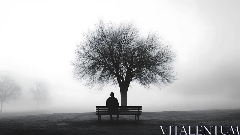Fog-draped horizon cradles a lone thinker beneath bare branches