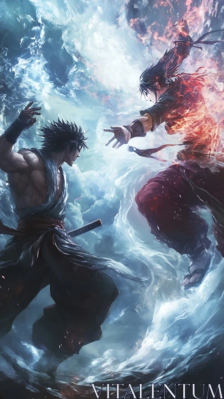 Stormblade versus Emberfist in swirling elemental showdown.