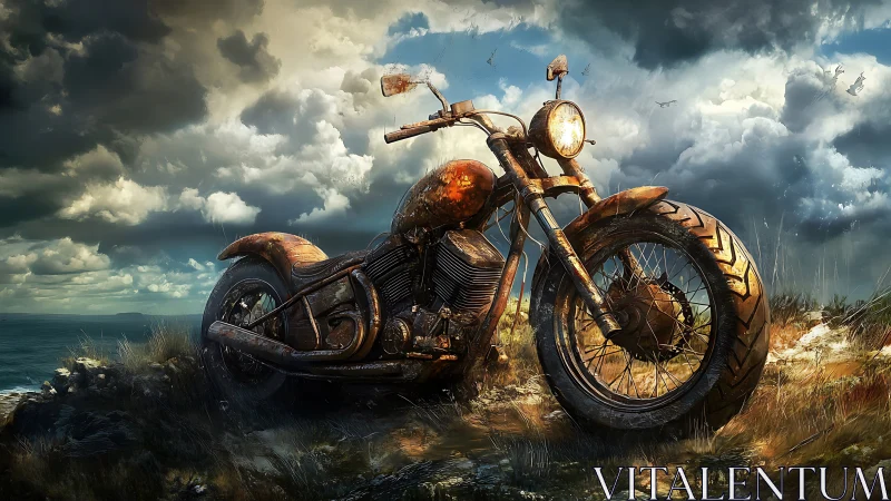 Weathered motorcycle stands against dark stormy coastline sky.