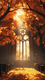 Autumnal nave under arboreal vault with volumetric sunlight.