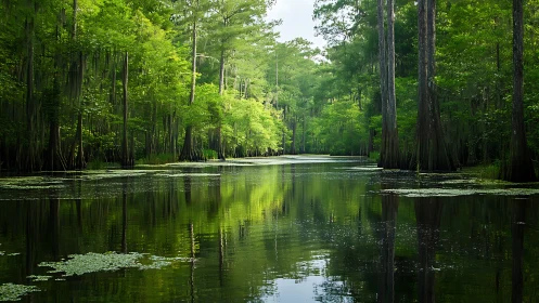 Cypress Swamp Waterway with Mirror Reflections.