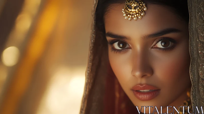 Photorealistic portrait of woman in ornate golden veil.
