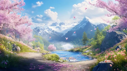 Digital landscape depicts alpine lake amid blossom trees