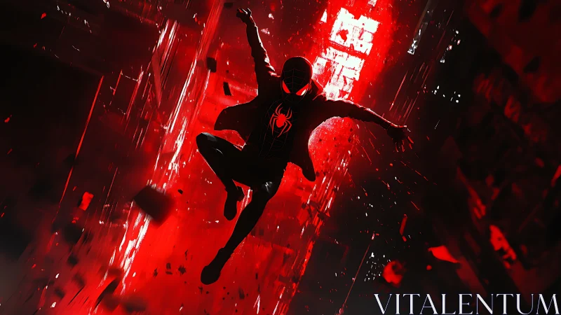 Silhouetted masked hero diving through red city light.