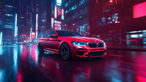 Red sports sedan moves through neon city street at night