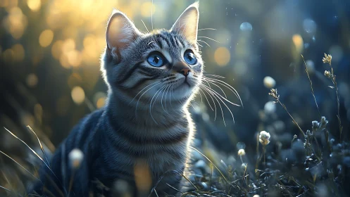 Blue-Eyed Tabby Kitten Among Wildflowers in Golden Light.