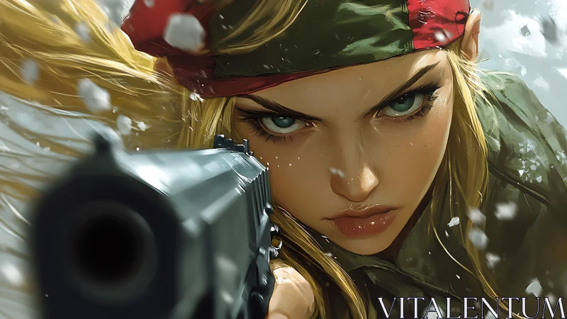 Fierce soldier heroine aiming pistol in snowstorm closeup.