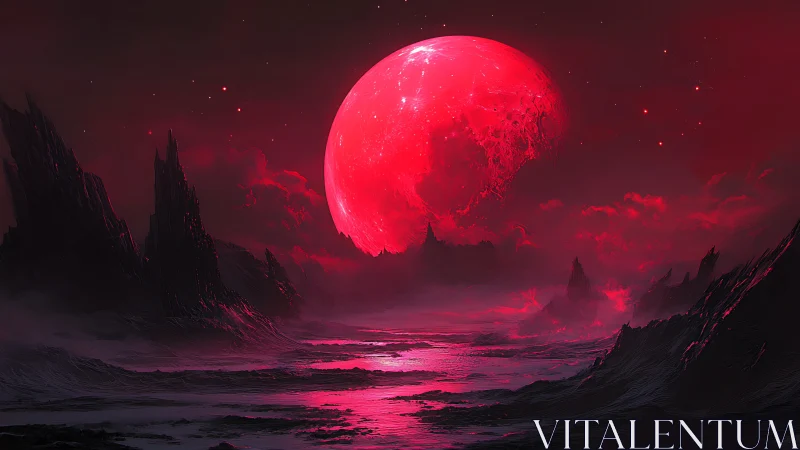 Crimson alien moon above dark jagged landscape at dusk.