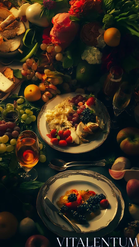 Lush harvest table showcases fruit, flowers, and plated desserts.