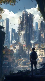 Lone traveler viewing overgrown post-apocalyptic city ruins.