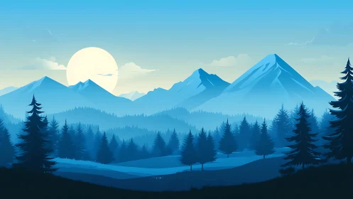 Moonlit blue mountains trade whispers with patient pine forests